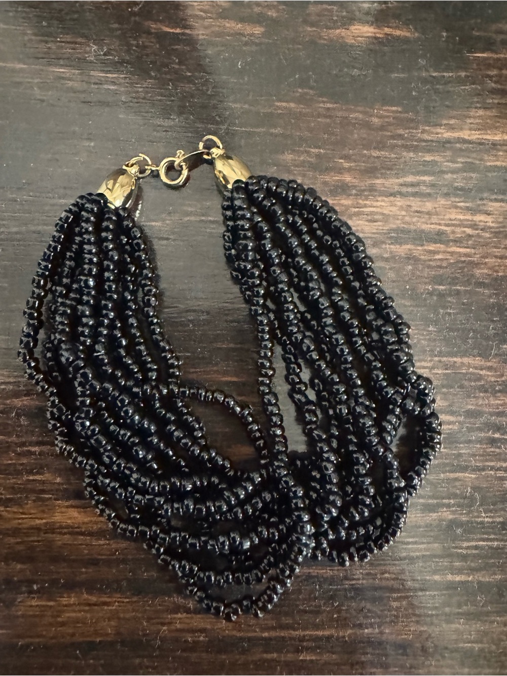 Trifari Signed Black Glass Multi-Strand Beaded Necklace Gold Tone Spring Ring